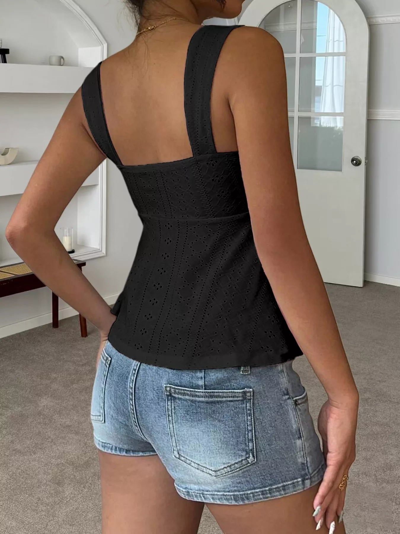 Cedar & Moore Eyelet Embroidered Drawstring Cami Top, black, back view, wide straps