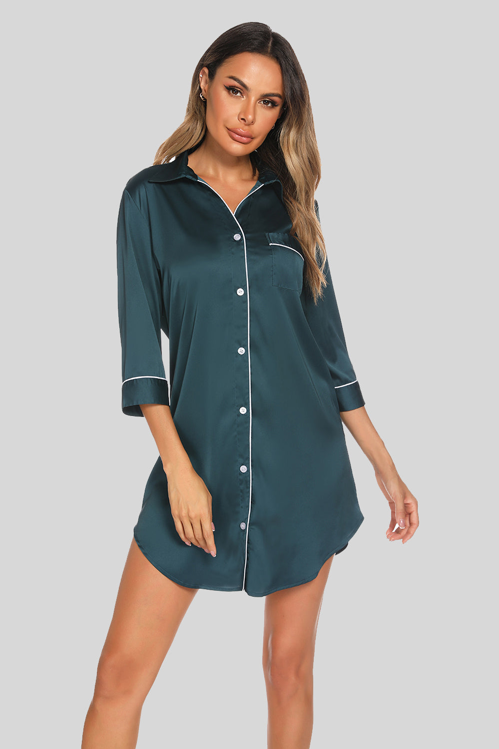 Deep teal button-up collared night dress with chest pocket and contrast trim sleeves