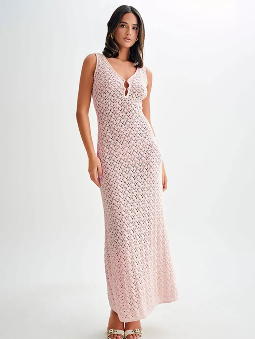 Blush pink openwork sleeveless maxi dress, V-neck and fitted column shape
