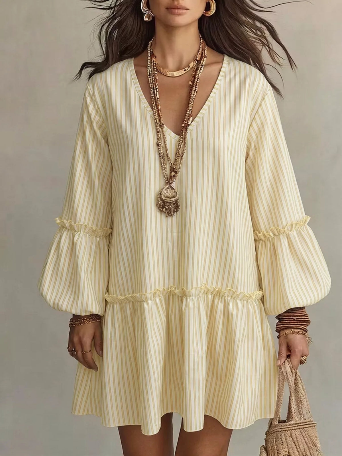 Light yellow striped V-neck mini dress with puff balloon sleeves and cinched waist