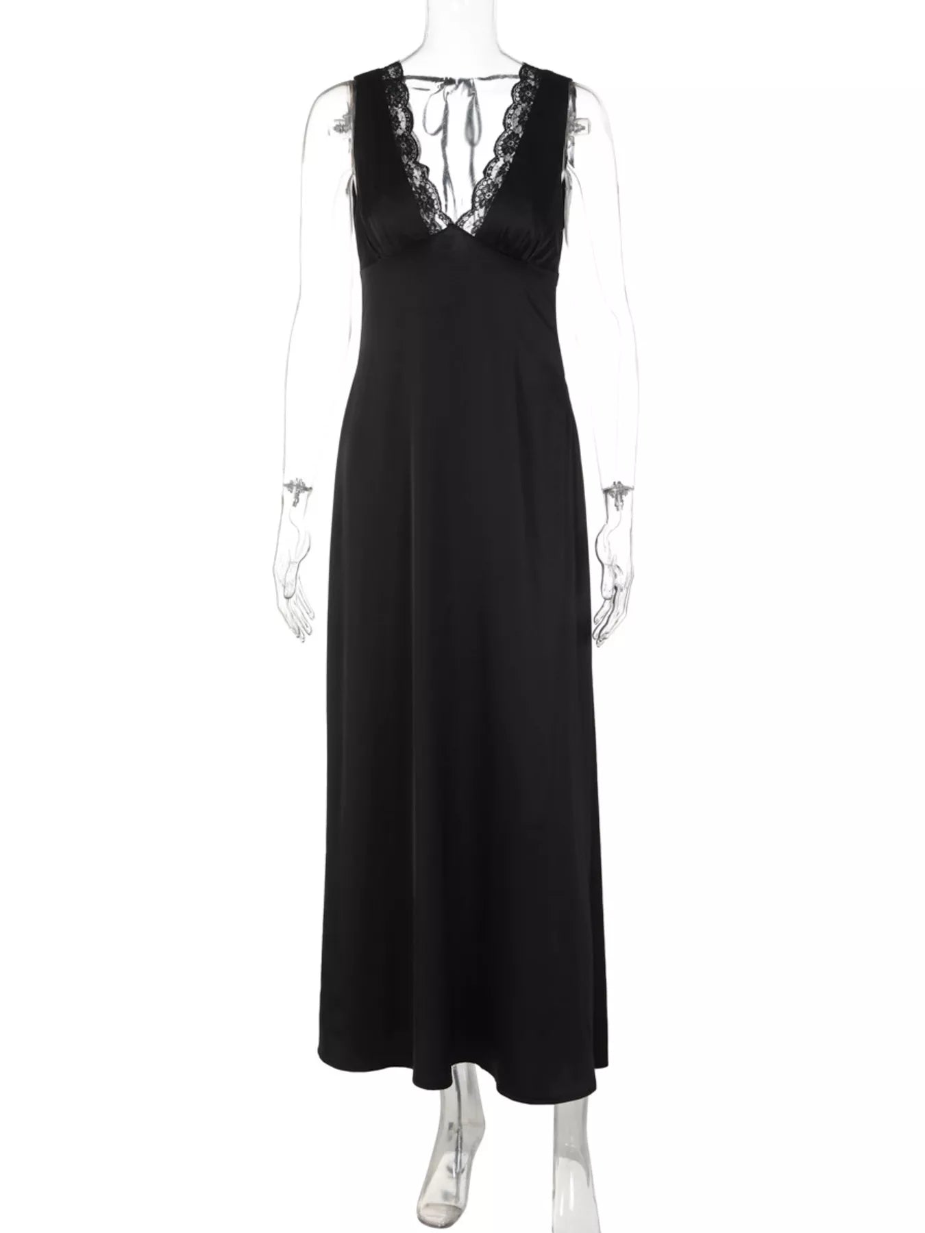 Black sleeveless V-neck maxi dress with lace trim bodice