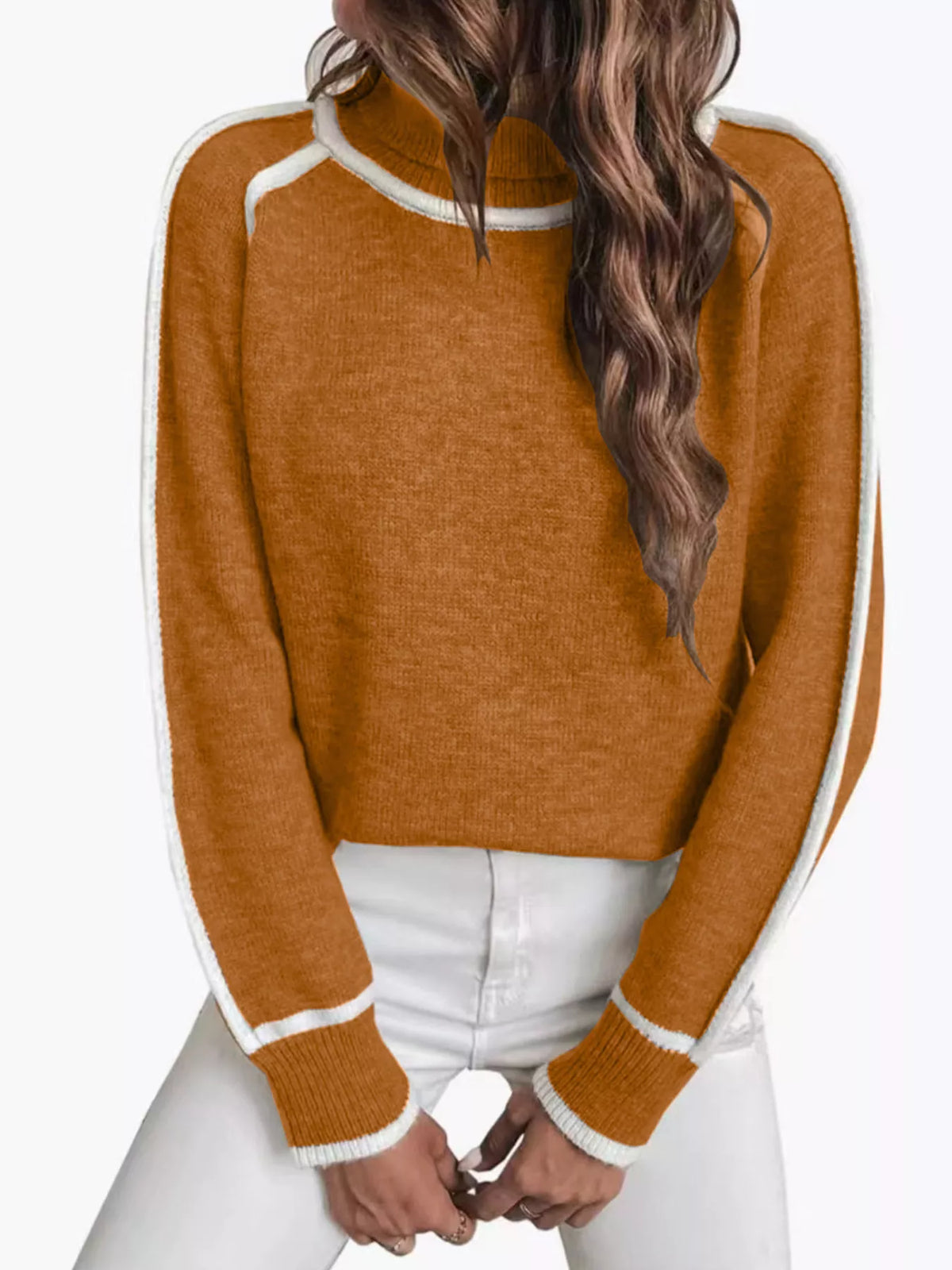 Caramel brown ribbed turtleneck sweater with white contrast sleeve stripes and knit cuffs
