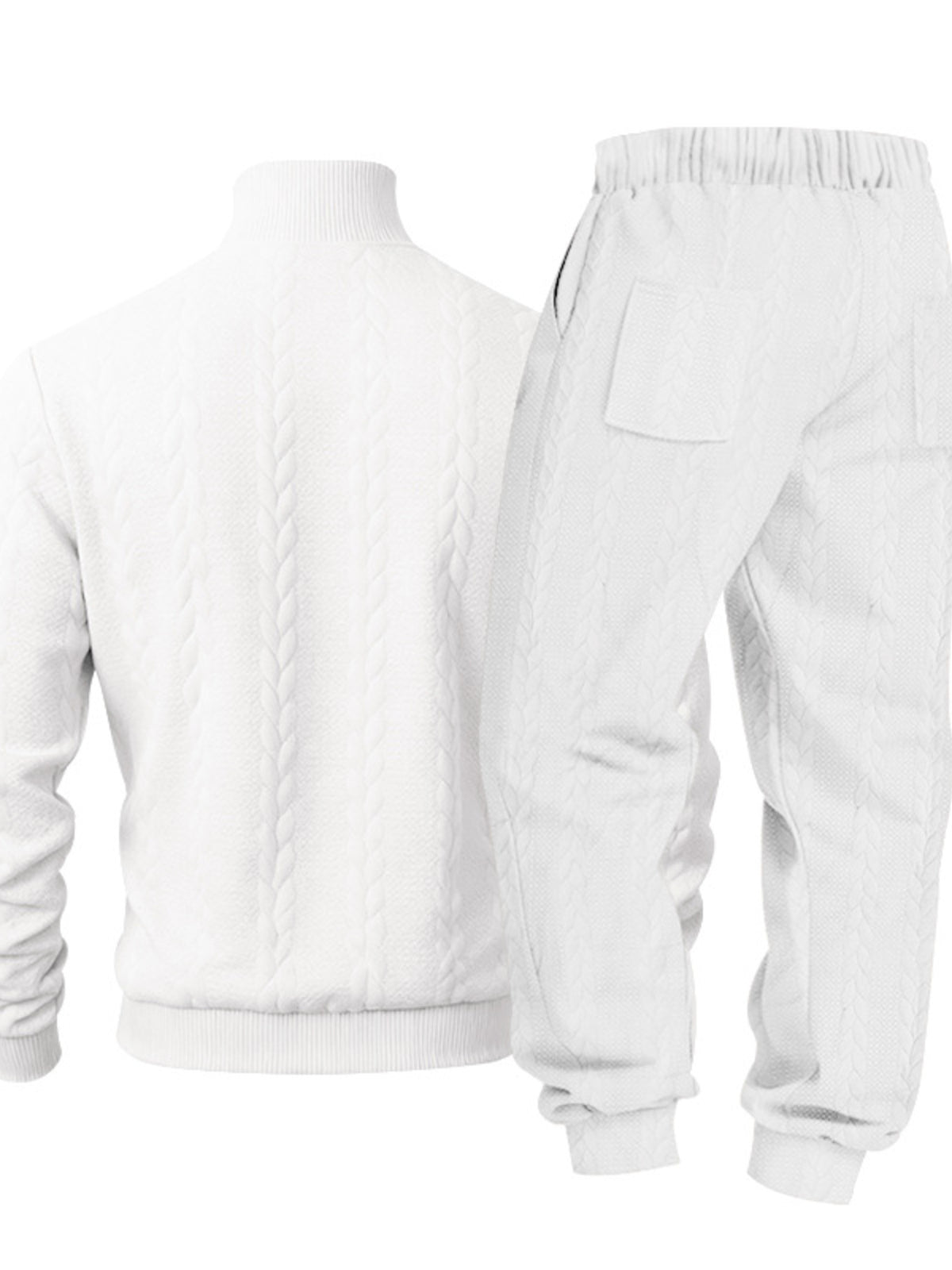 Men's white cable knit mock neck sweater and joggers set, back view close-up