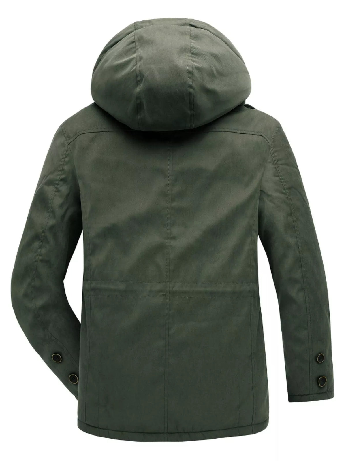 Men's olive green hooded winter jacket, full back view, snap details