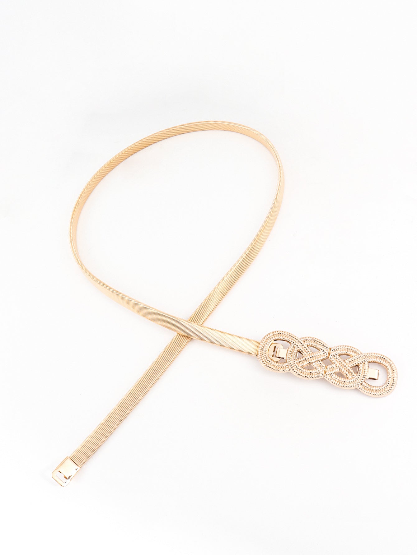 Gold-tone metal knot buckle belt with braided clasp and thin strap