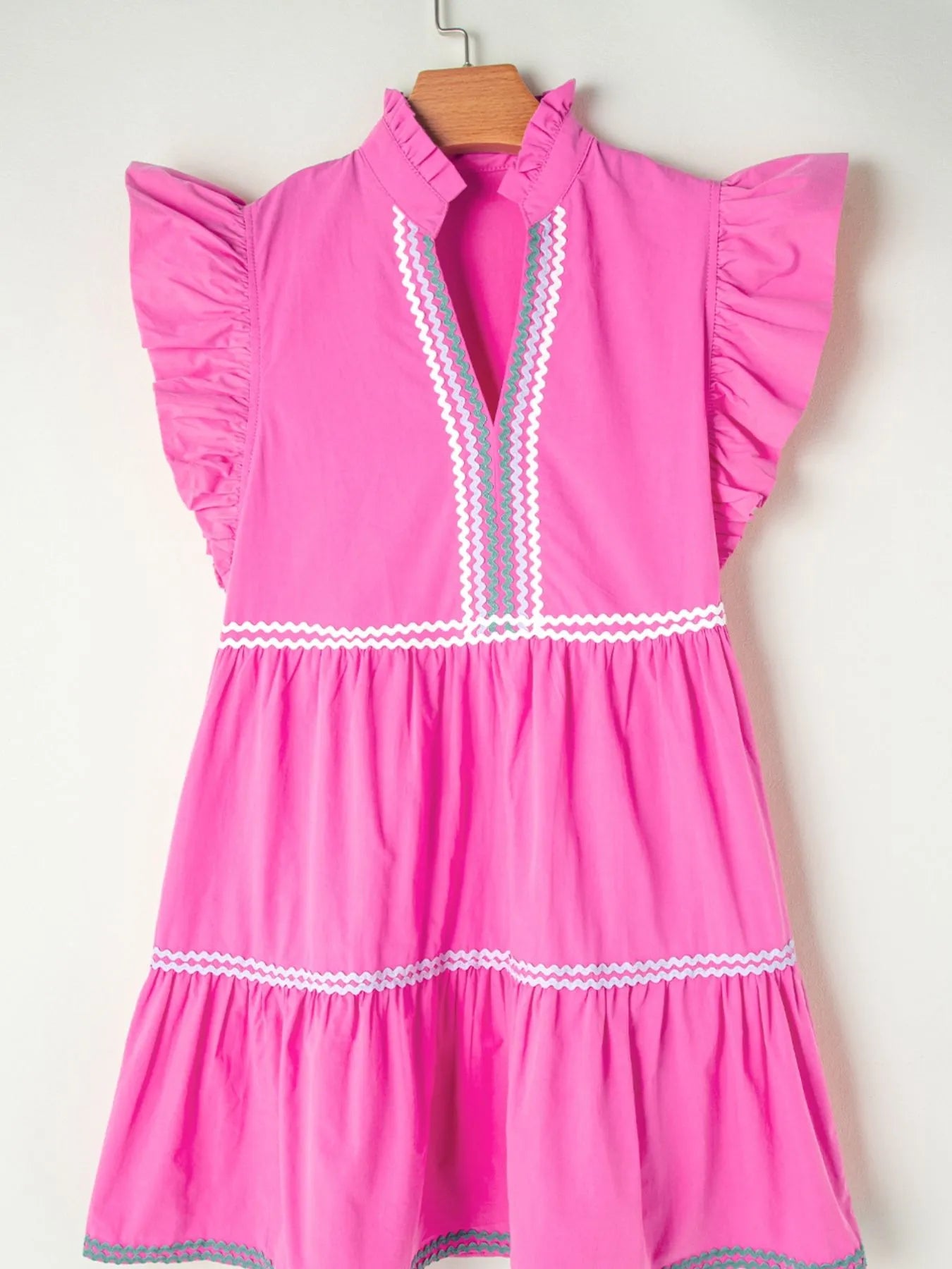 Ric Rac Colorblock Flutter Sleeve Tiered Dress in pink with white zigzag trim