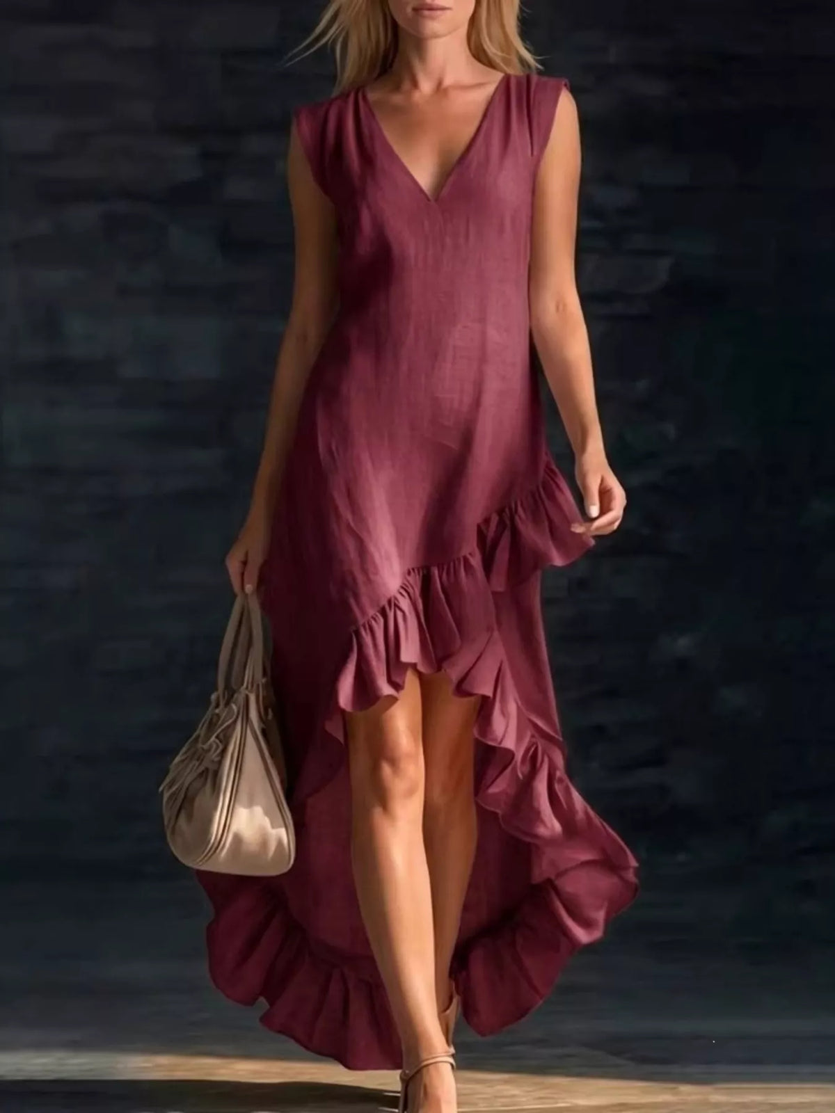 Burgundy sleeveless V-neck dress with asymmetrical tiered ruffle hem
