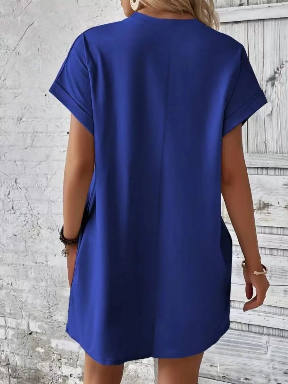 Royal blue round-neck short-sleeve dress, back view with straight hemline