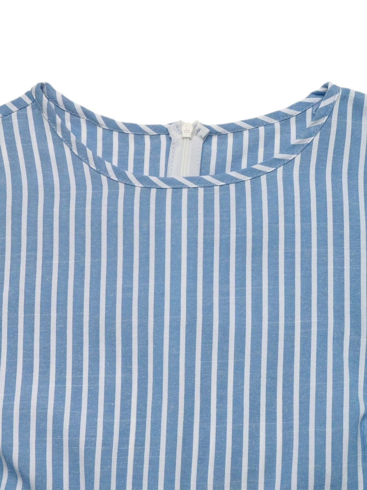 Close-up of blue-and-white striped dress neckline with gathered collar.