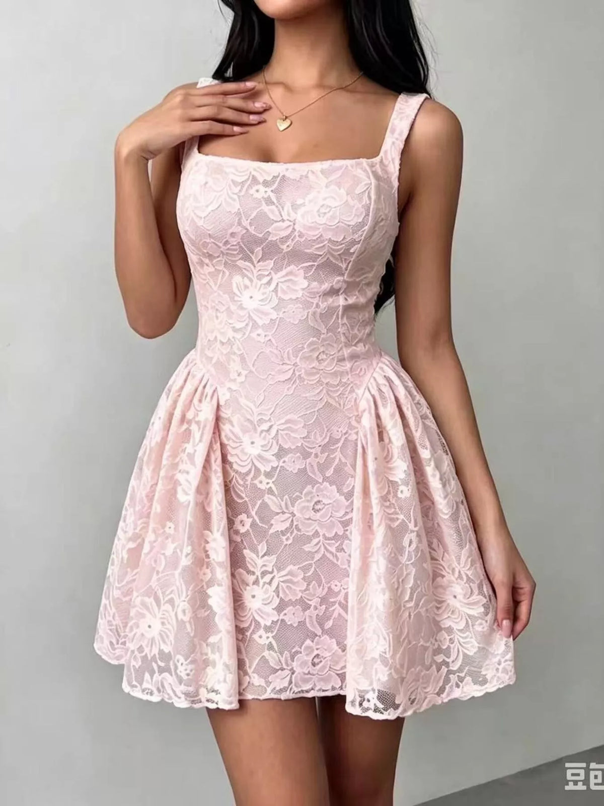 Pink lace square-neck sleeveless fit-and-flare dress with floral pattern
