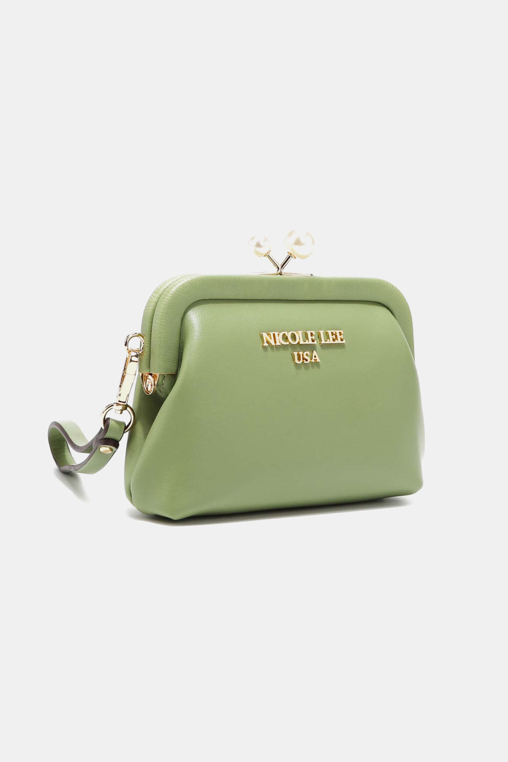 Nicole Lee USA Elise pearl coin purse, sage green angled front with wrist strap and pearl clasp.