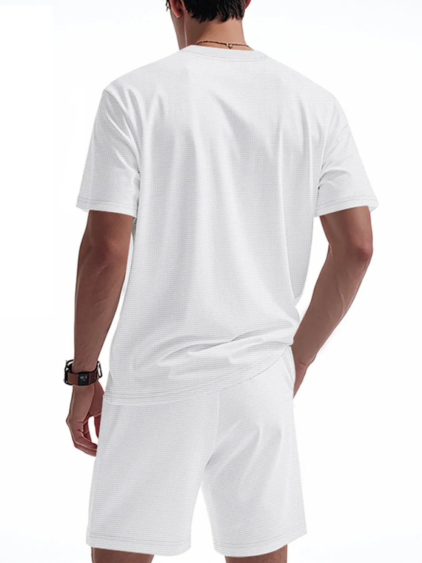 Men’s white short-sleeve T-shirt and matching shorts set, back view