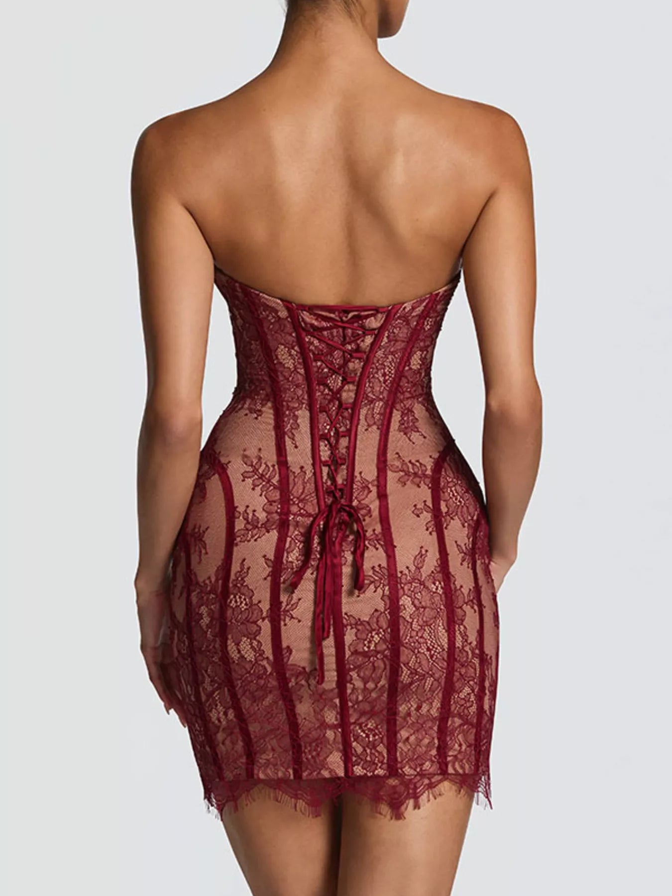 Cedar & Moore Lace Detail Tube Mini Dress in burgundy lace with back lace-up corset.
