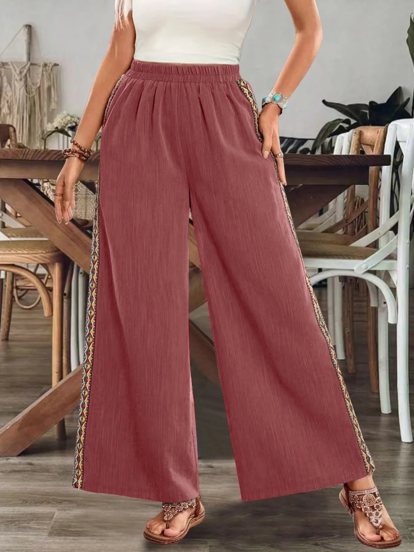 Dusty rose wide-leg pants with multicolor embroidered side stripe and elastic waist