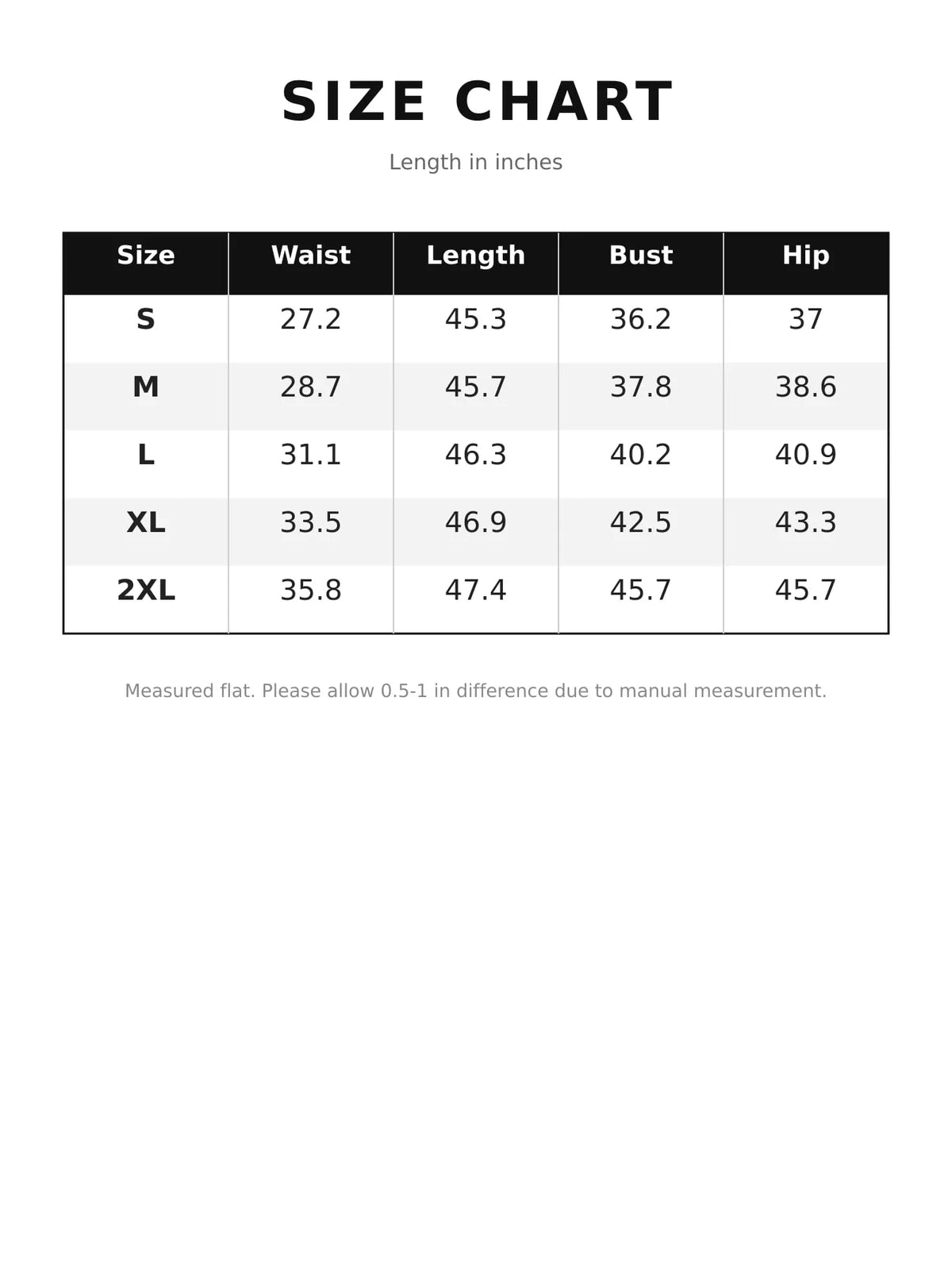 Size chart table for dress: waist, length, bust, hip measurements in inches