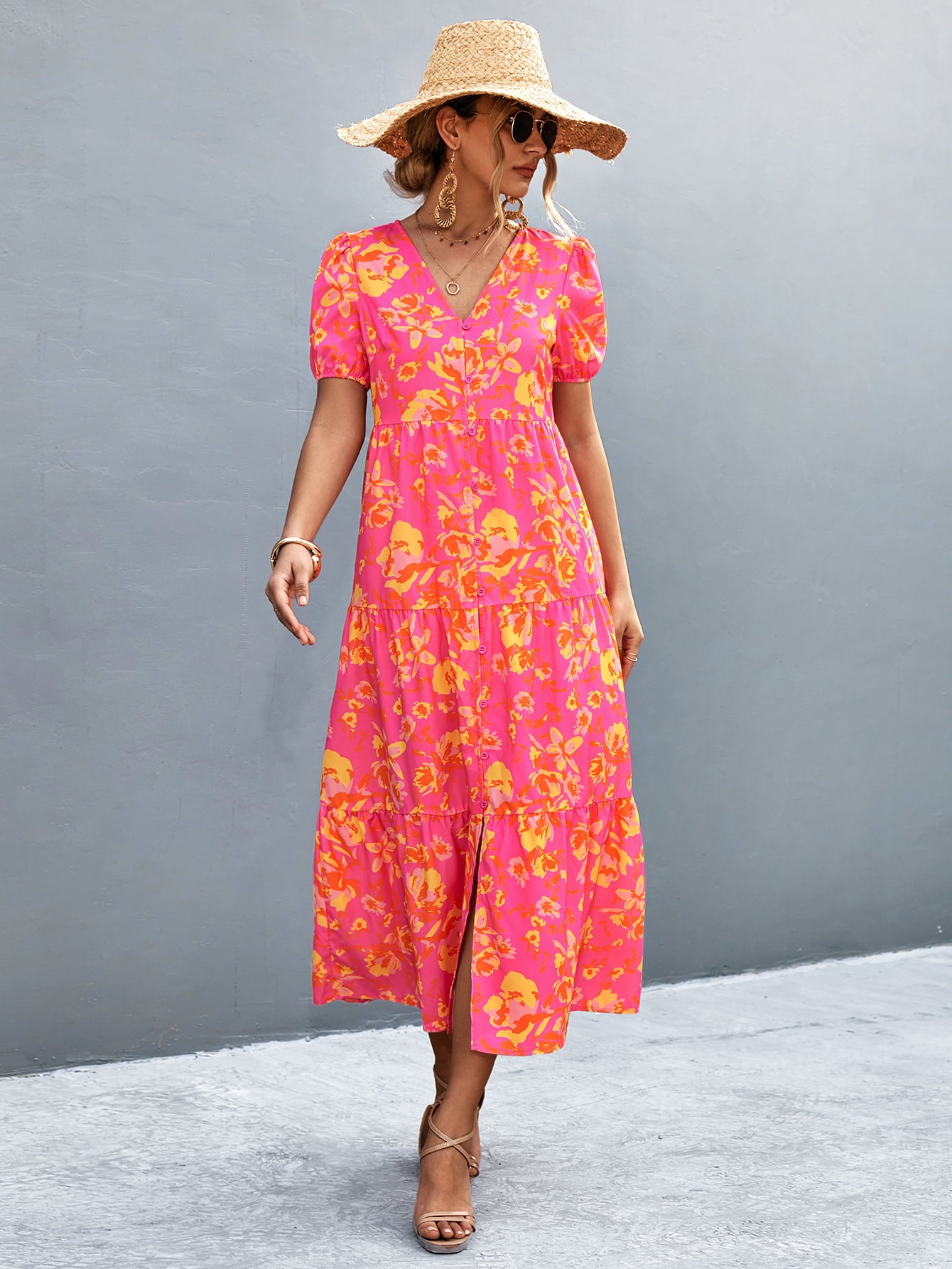 Hot pink V-neck short sleeve midi dress with high slit and yellow floral print
