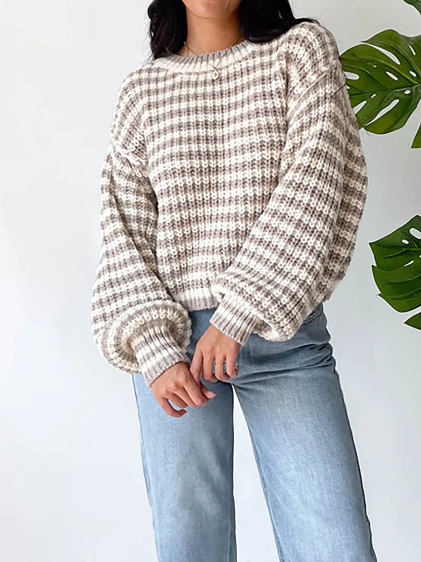 Oversized striped drop-shoulder sweater with ribbed cuffs and taupe knit check stripes