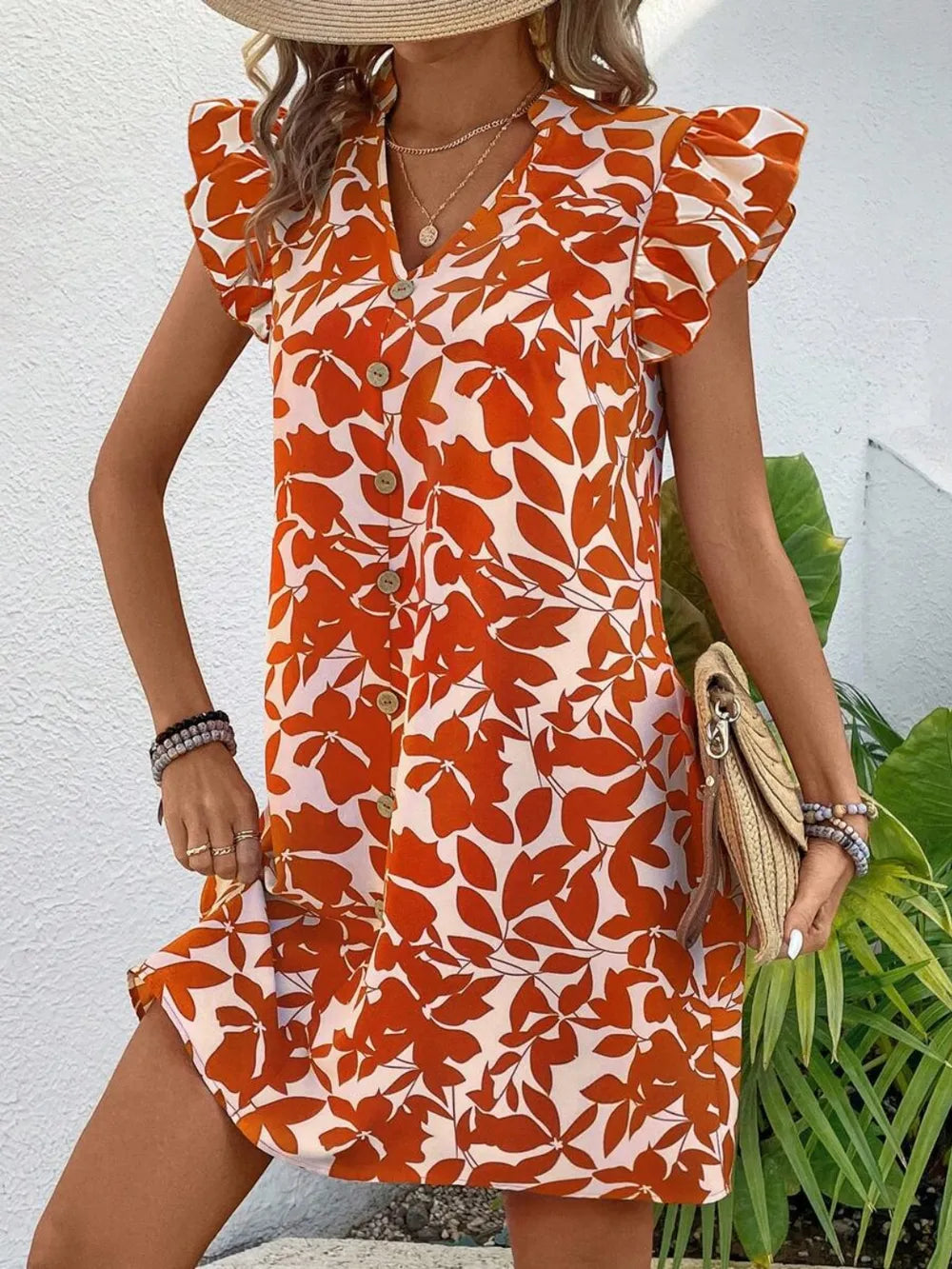 Printed Notched Cap Sleeve Mini Dress with orange leaf print, front button-down and ruffled sleeves