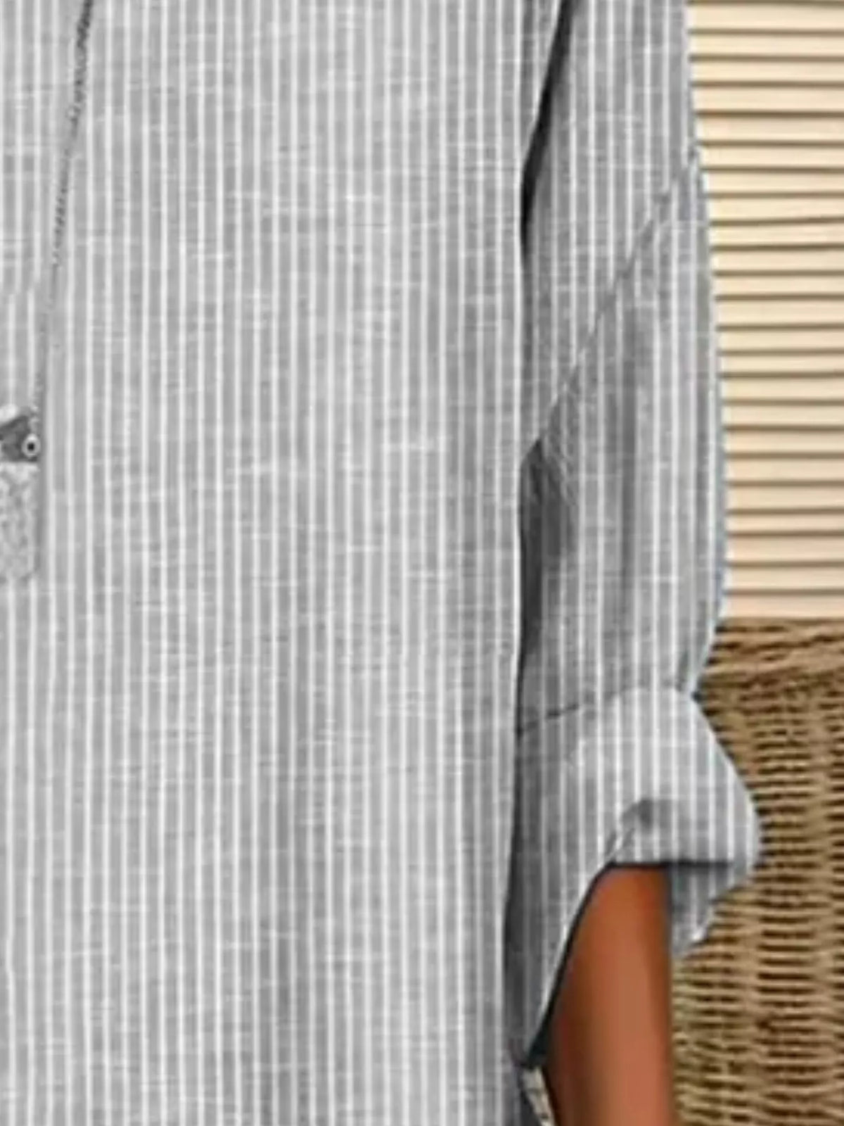 Women's striped long-sleeve blouse in light gray, side slit hem