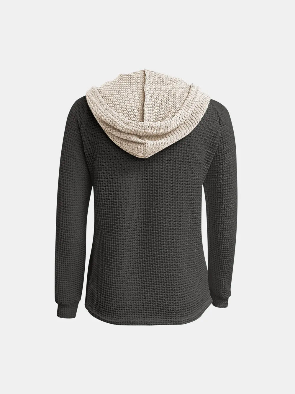 Dark gray waffle-knit long-sleeve hoodie with contrast hood, shown from the back