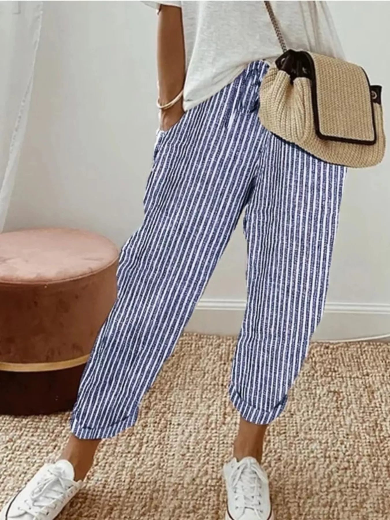 Striped cropped pants with drawstring pockets, navy and white vertical stripes
