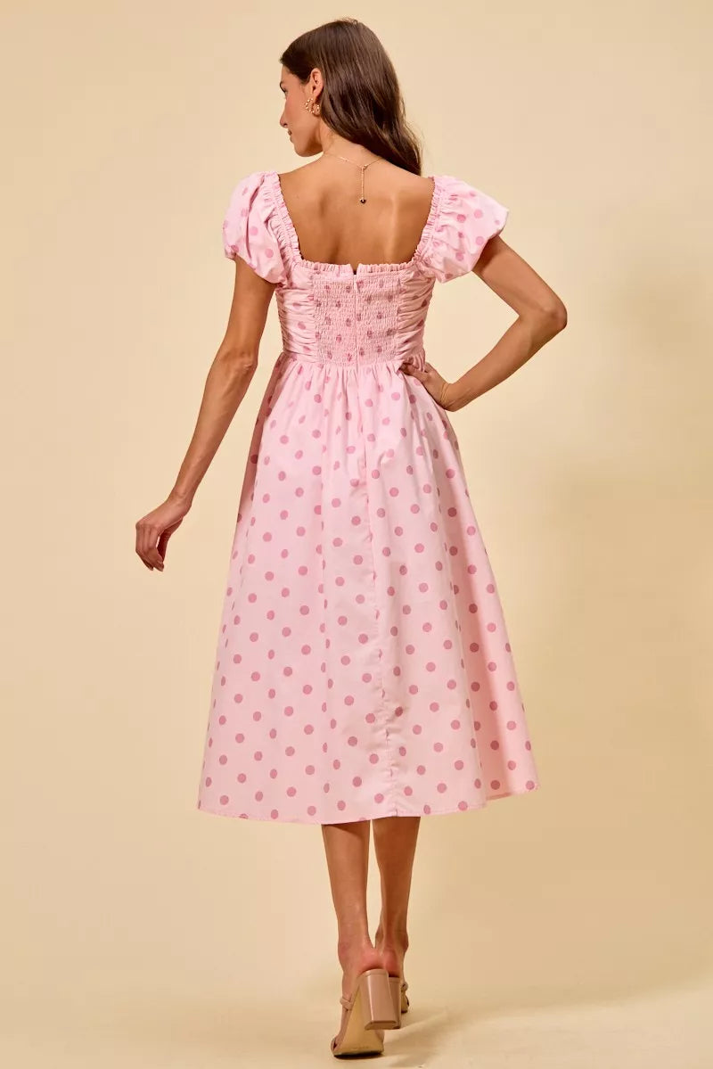 Cedar & Moore SO ME Polka Cotton Print Short Sleeves Midi Dress in pink with puff sleeves by Trendsi