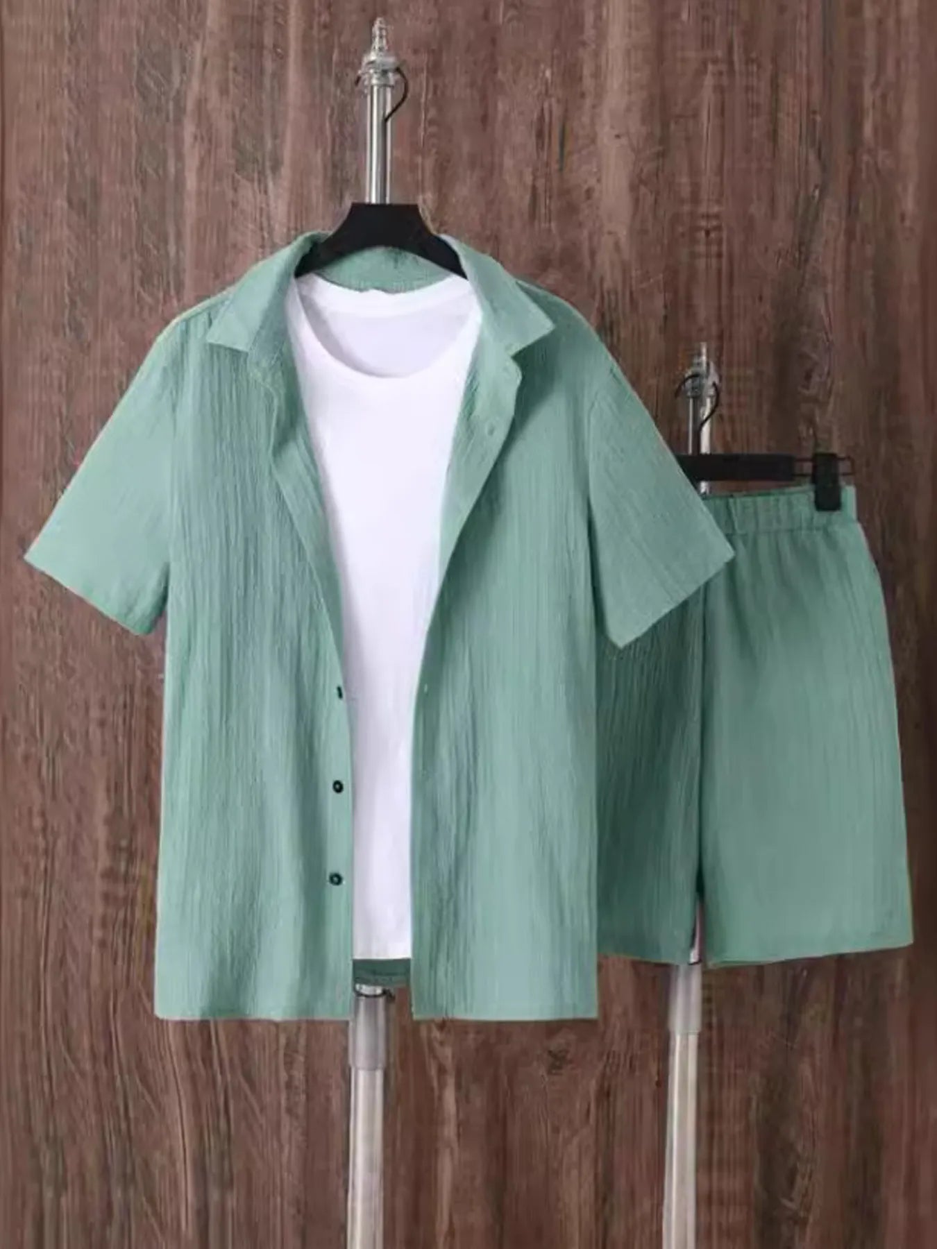 Men's plus size green short sleeve button-up shirt and matching shorts set