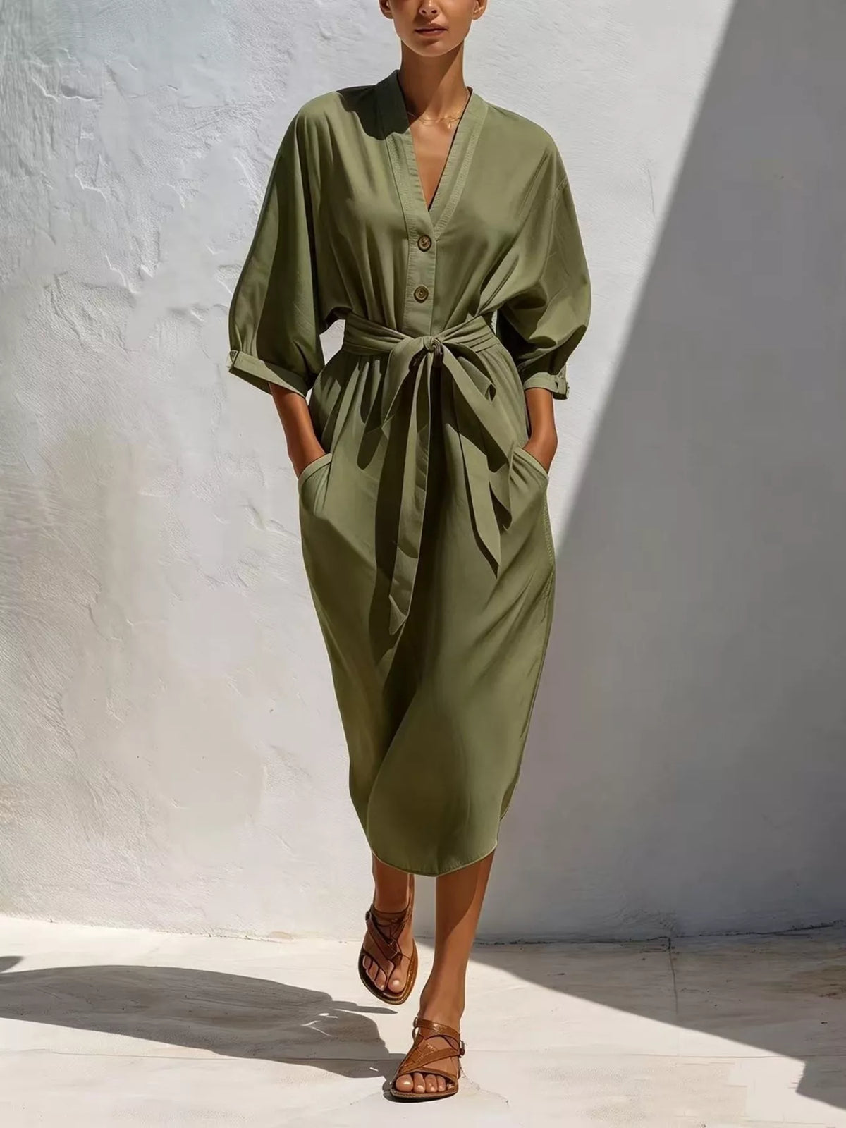Army green tie-waist V-neck midi dress with pockets, button-front and waist tie