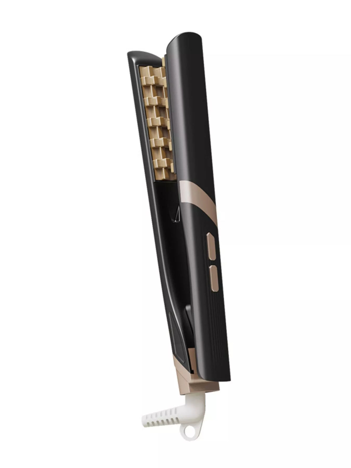 Black adjustable temperature negative ion curling iron with ribbed side controls and inner plate