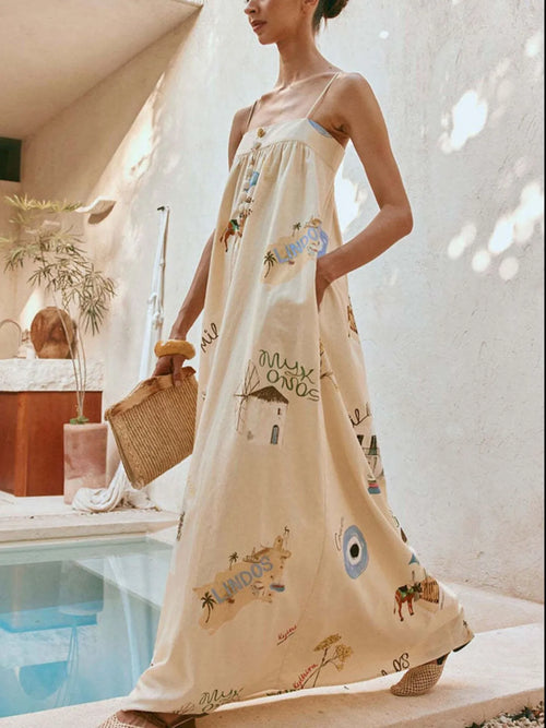 Beige boho cami maxi dress with pockets, sleeveless spaghetti straps, allover print