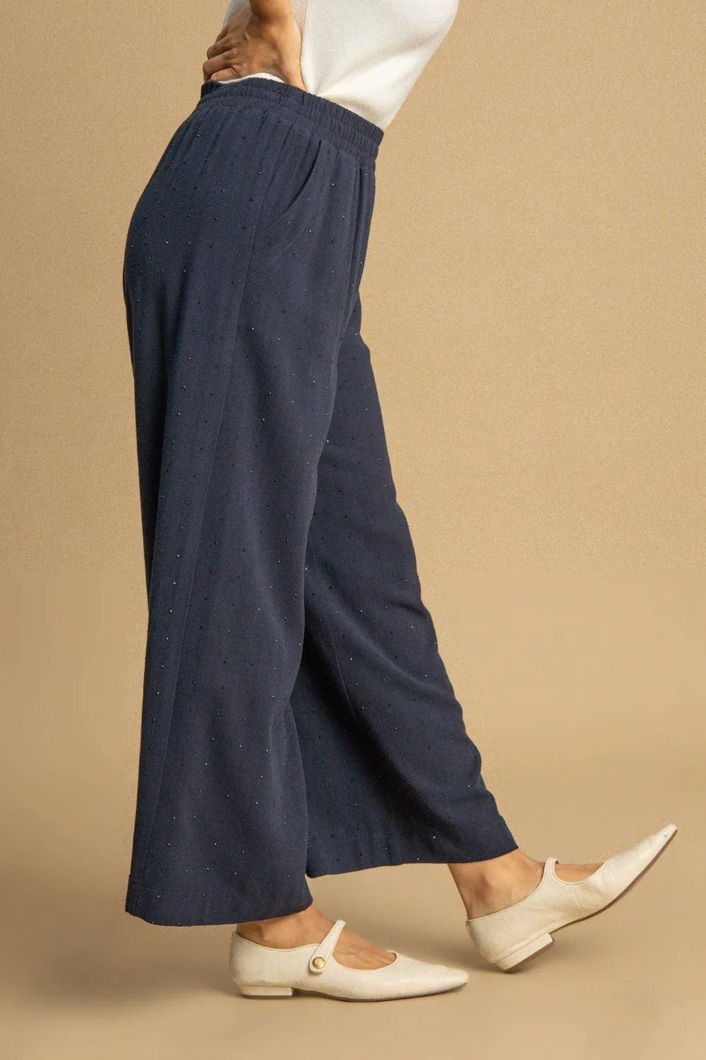 High-waisted dark blue wide-leg pants, side view, textured speckles