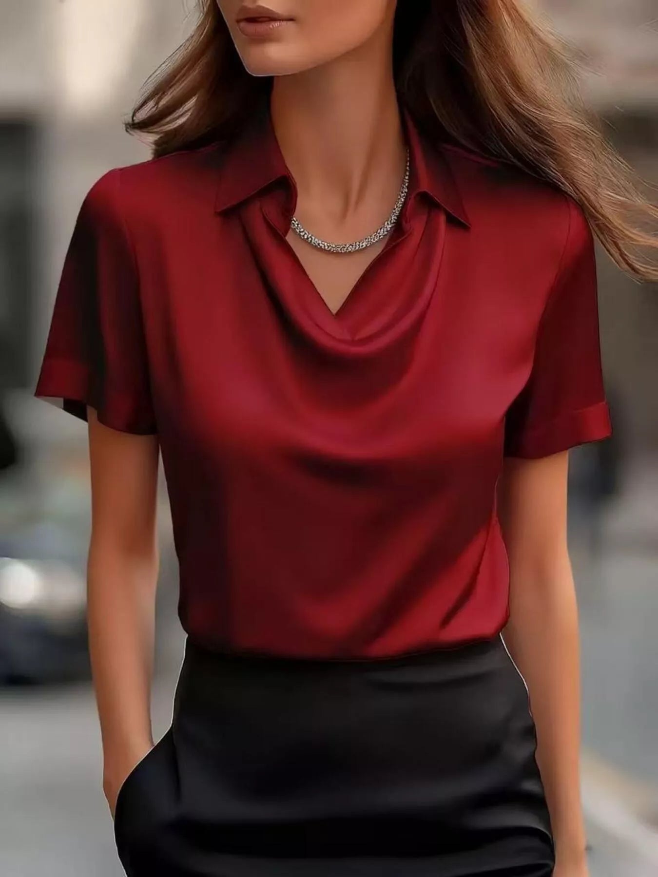 Satin cowl-neck short-sleeve blouse in wine red, pointed collar, draped V cowl neckline