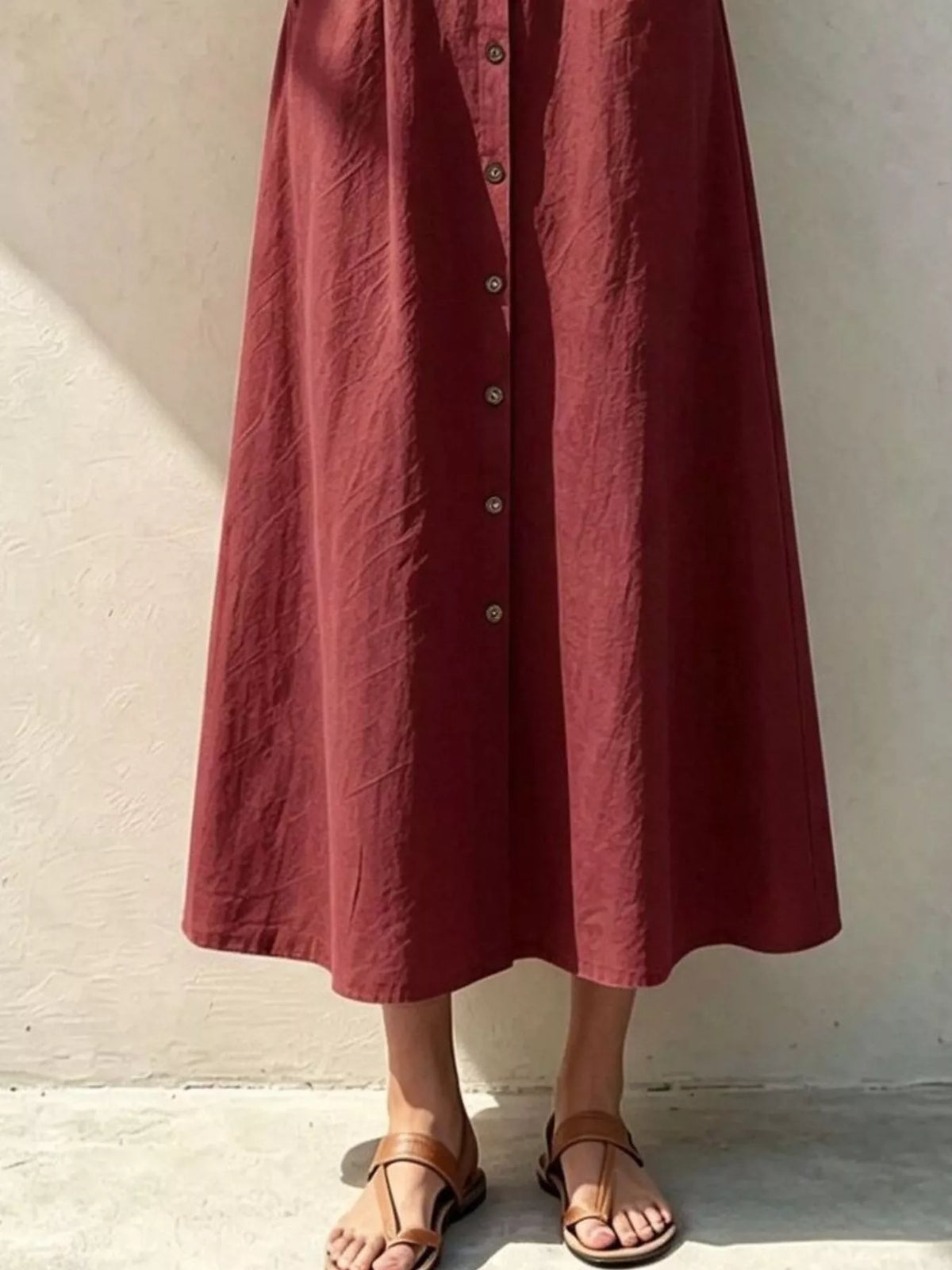 Burgundy button-front midi shirt dress with belt and patch pockets