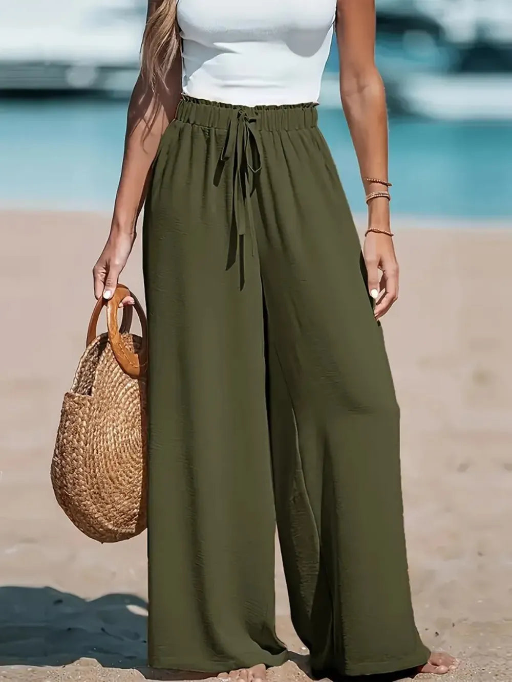 Moss green drawstring wide-leg pants with elastic waist and gathered front