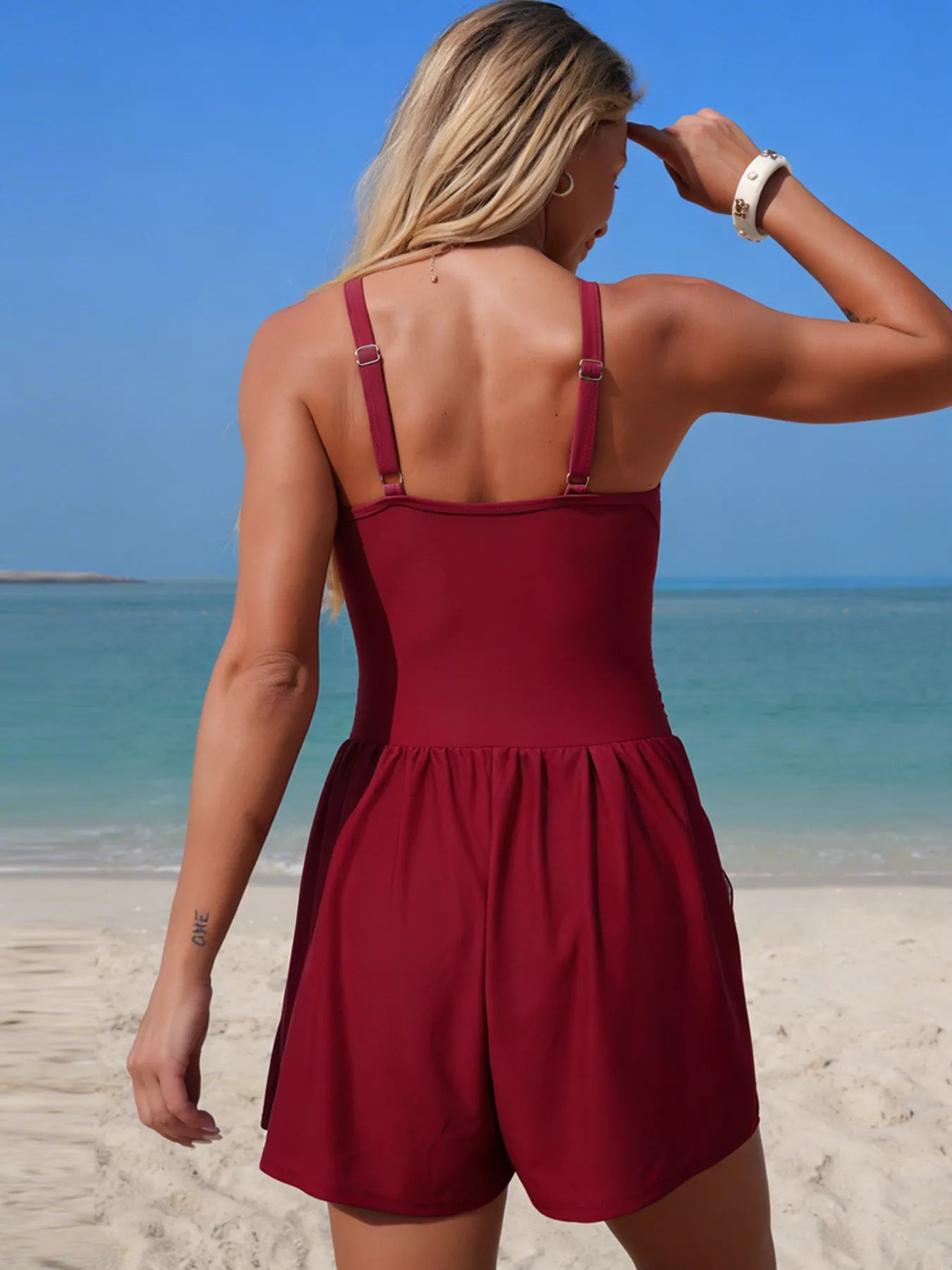 Trendsi burgundy V-neck one-piece swimsuit, back view with adjustable straps