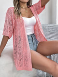 Pink openwork open-front half-sleeve cardigan with V-neck