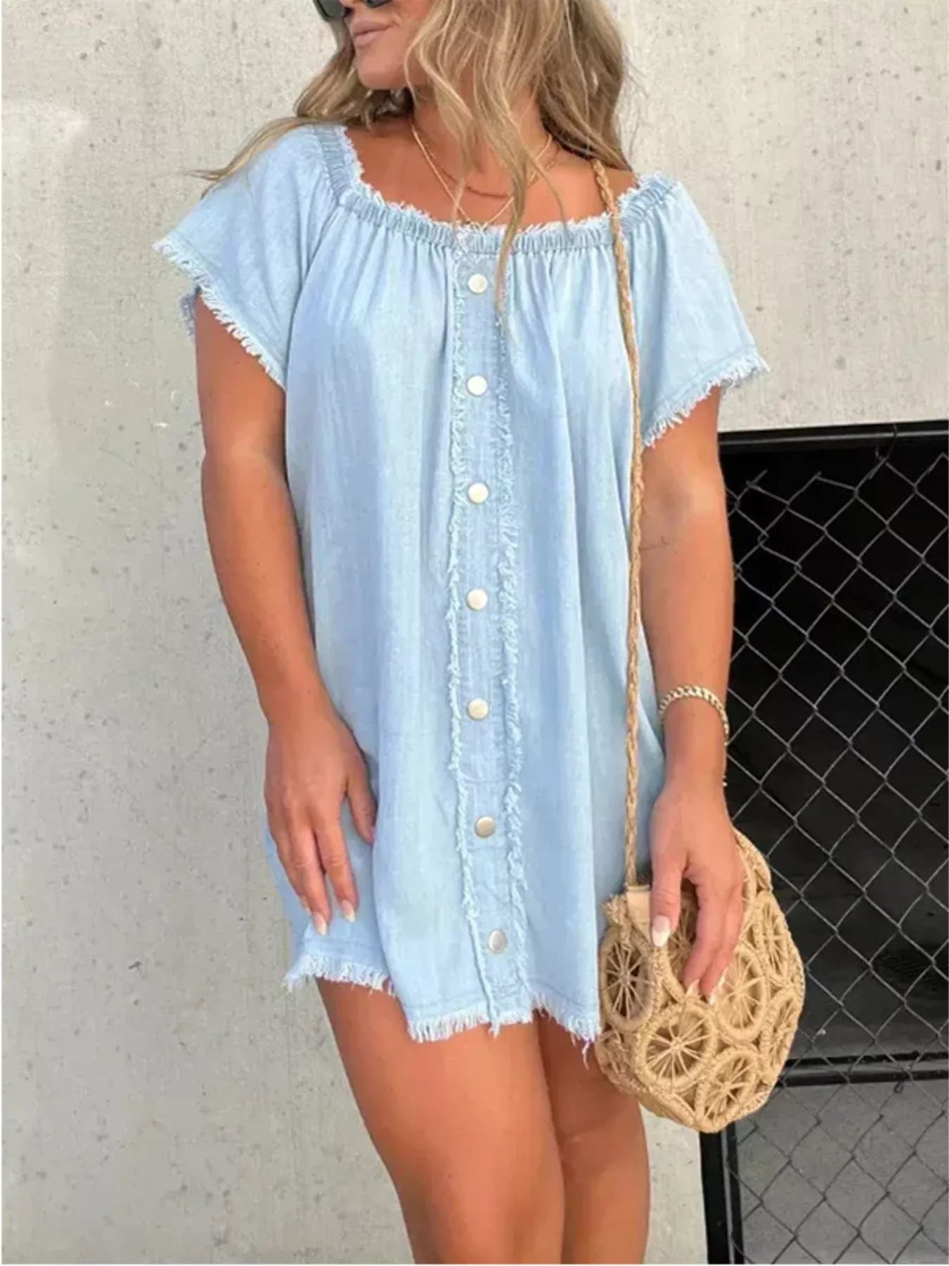 Cedar & Moore Full Size Off-Shoulder Denim Dress, light blue, button-front with frayed hem, plus size, Trendsi