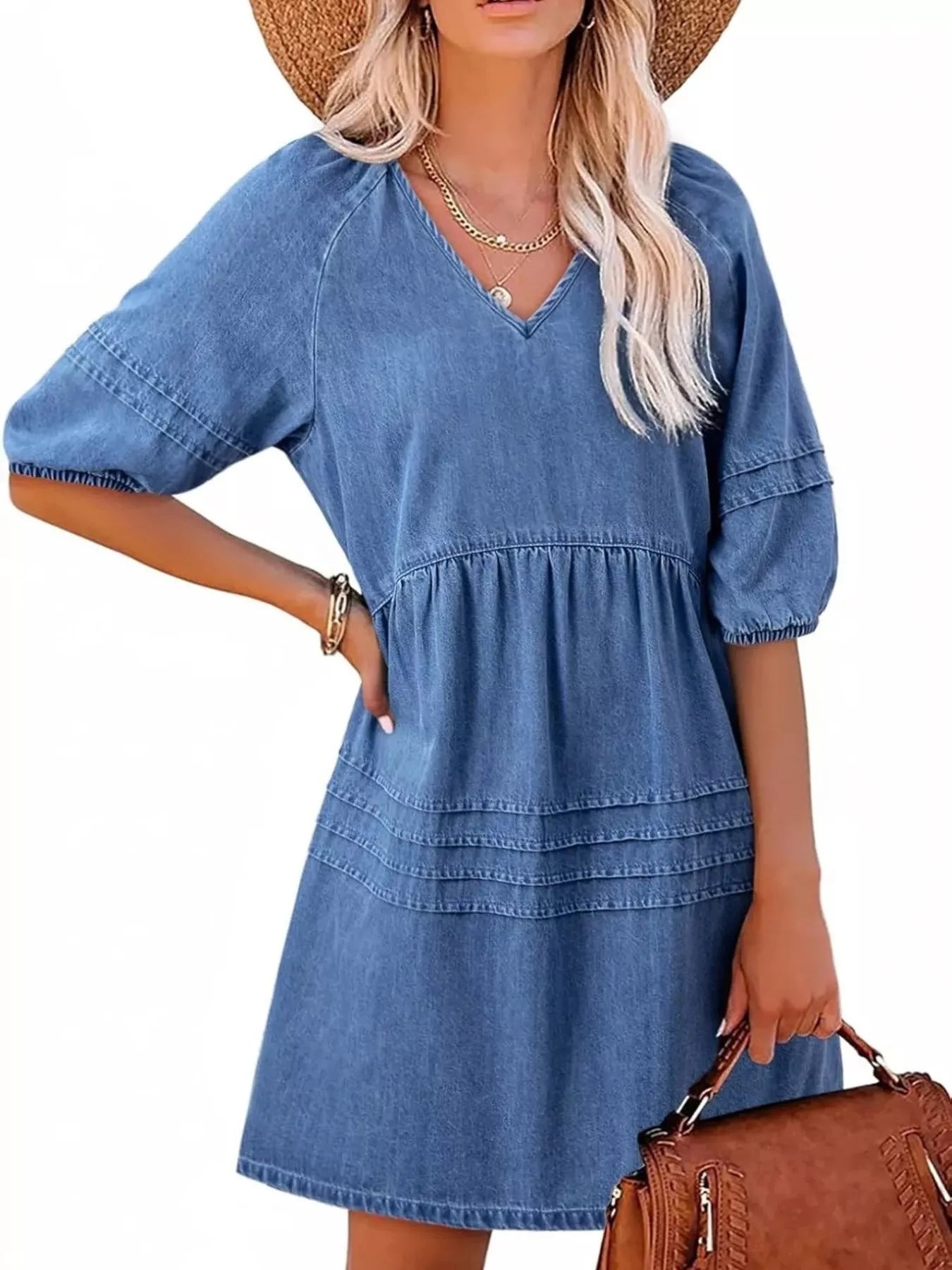 Cedar & Moore Casual V-Neck Puff Sleeve Denim Mini Dress, blue