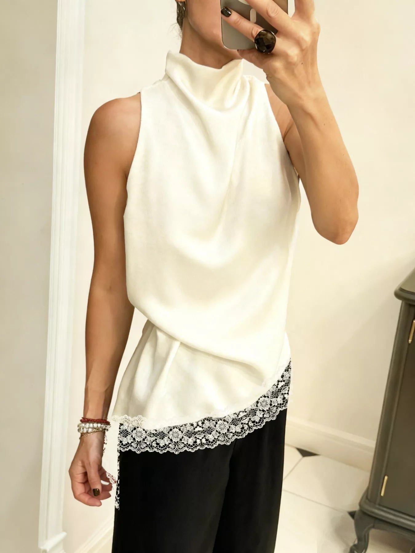 Cedar & Moore High Neck Lace Trim Cami in white, sleeveless top with lace trim hem by Trendsi