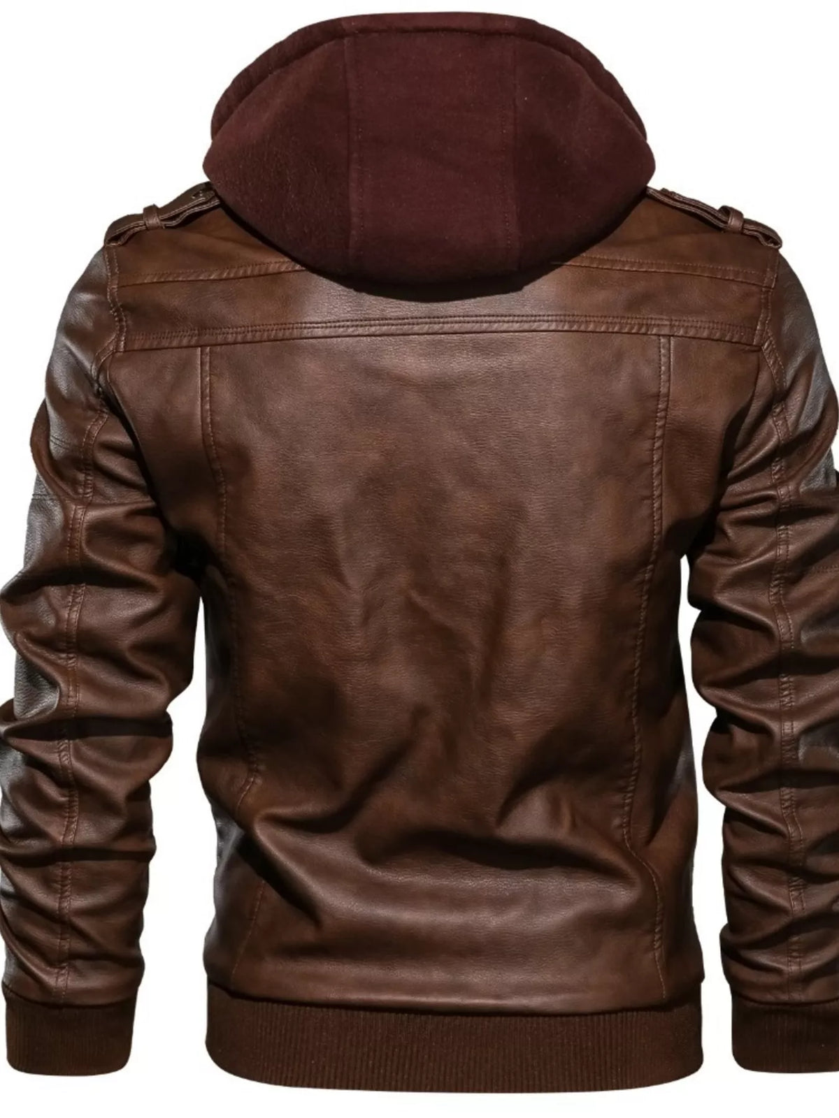 Men's hooded moto jacket in brown vegan leather, back view with large hood and ribbed waistband