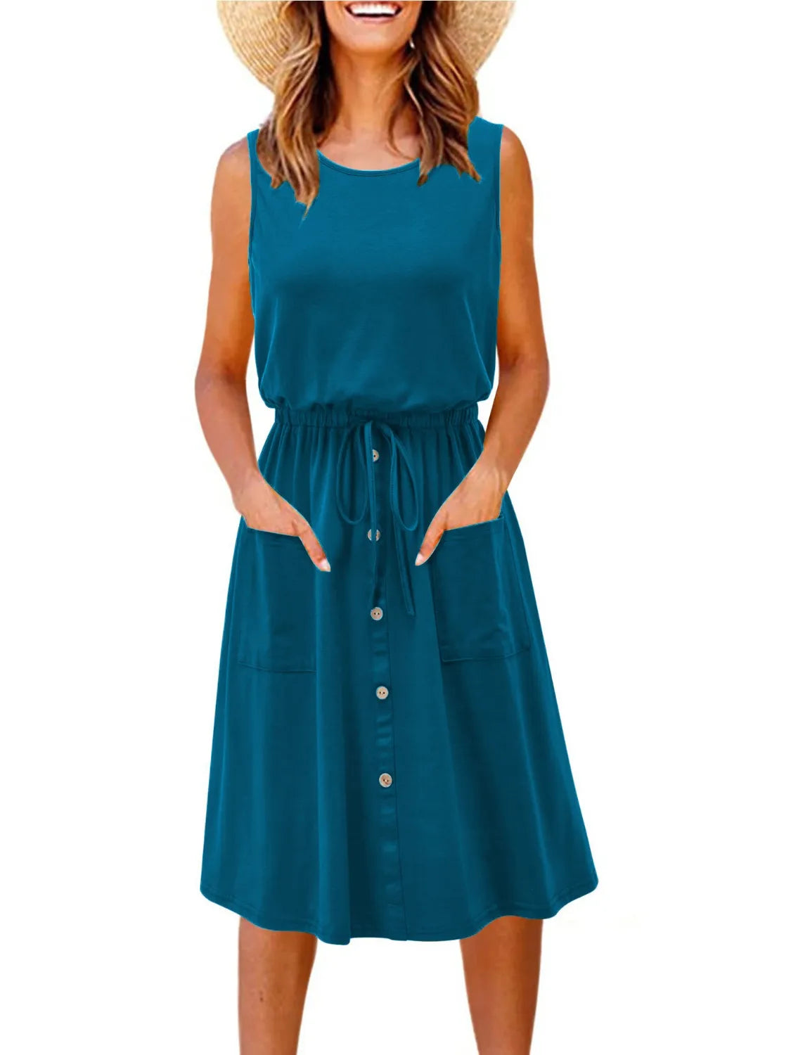 Trendsi teal sleeveless round-neck tank dress with drawstring waist, front button placket and pockets, plus size