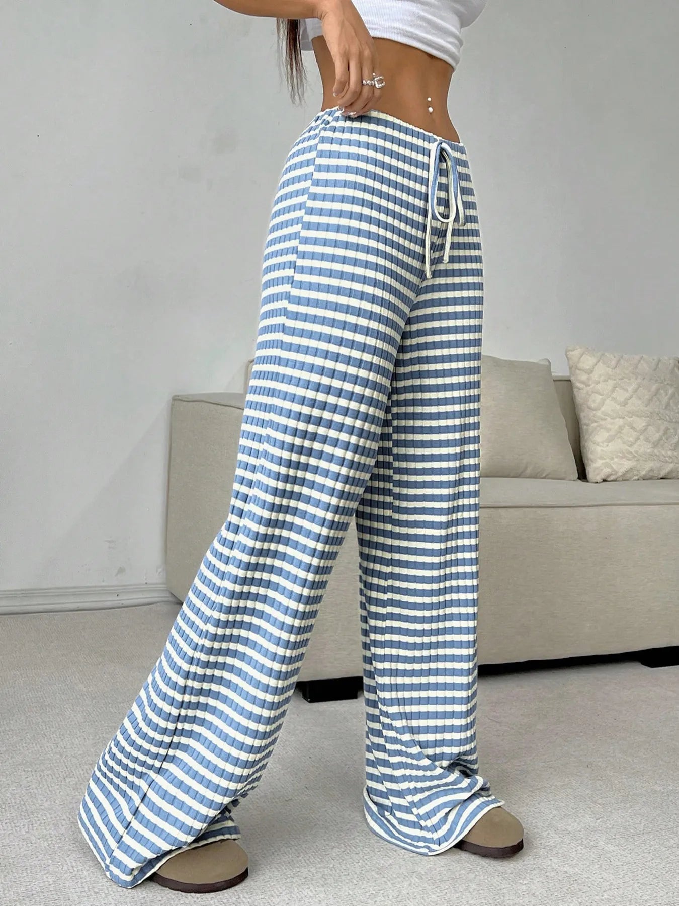 Striped wide-leg drawstring pants, blue and white stripes, side tie drawstring