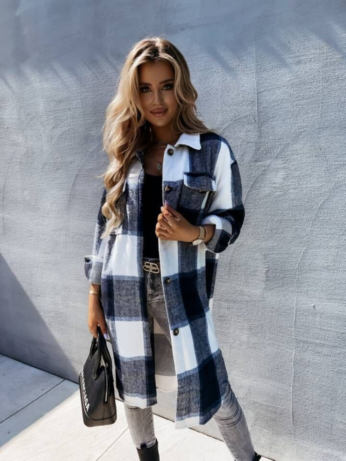 Plaid longline collared shirt in navy and white checks, button-front, chest pockets