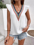V-Neck Ruffled Cap Sleeve Blouse, white textured fabric with colorful embroidered V-neck trim.