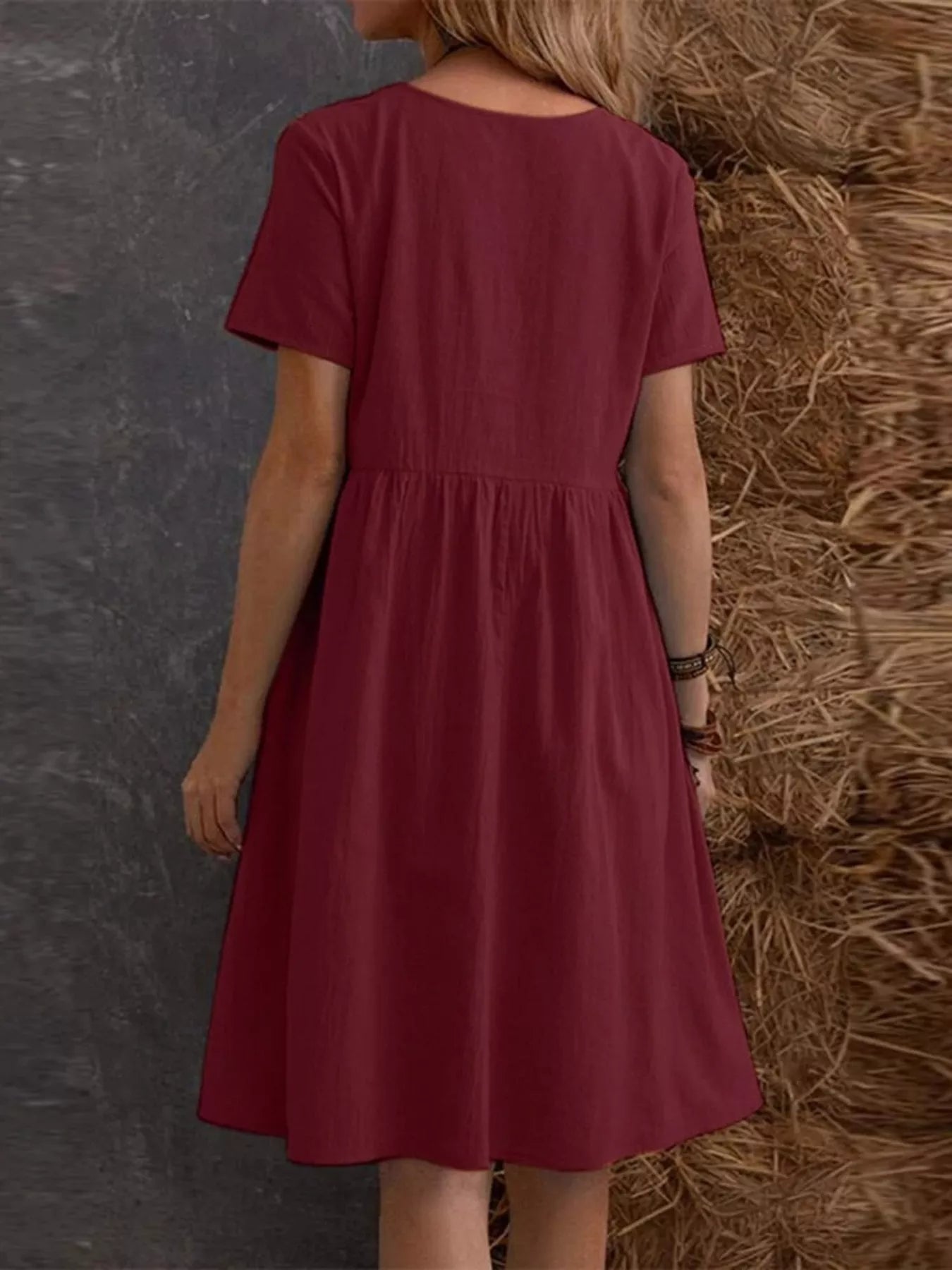Cedar & Moore: Full Size Casual Loose Fit Tiered Ruffle Hem Dress Plus Size in burgundy, by Trendsi, back view.