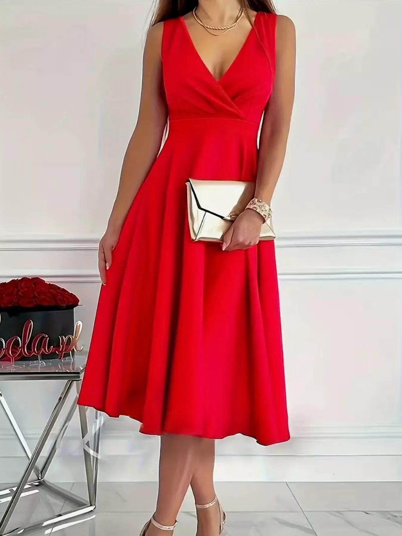 Red sleeveless V-neck A-line midi dress with flared skirt