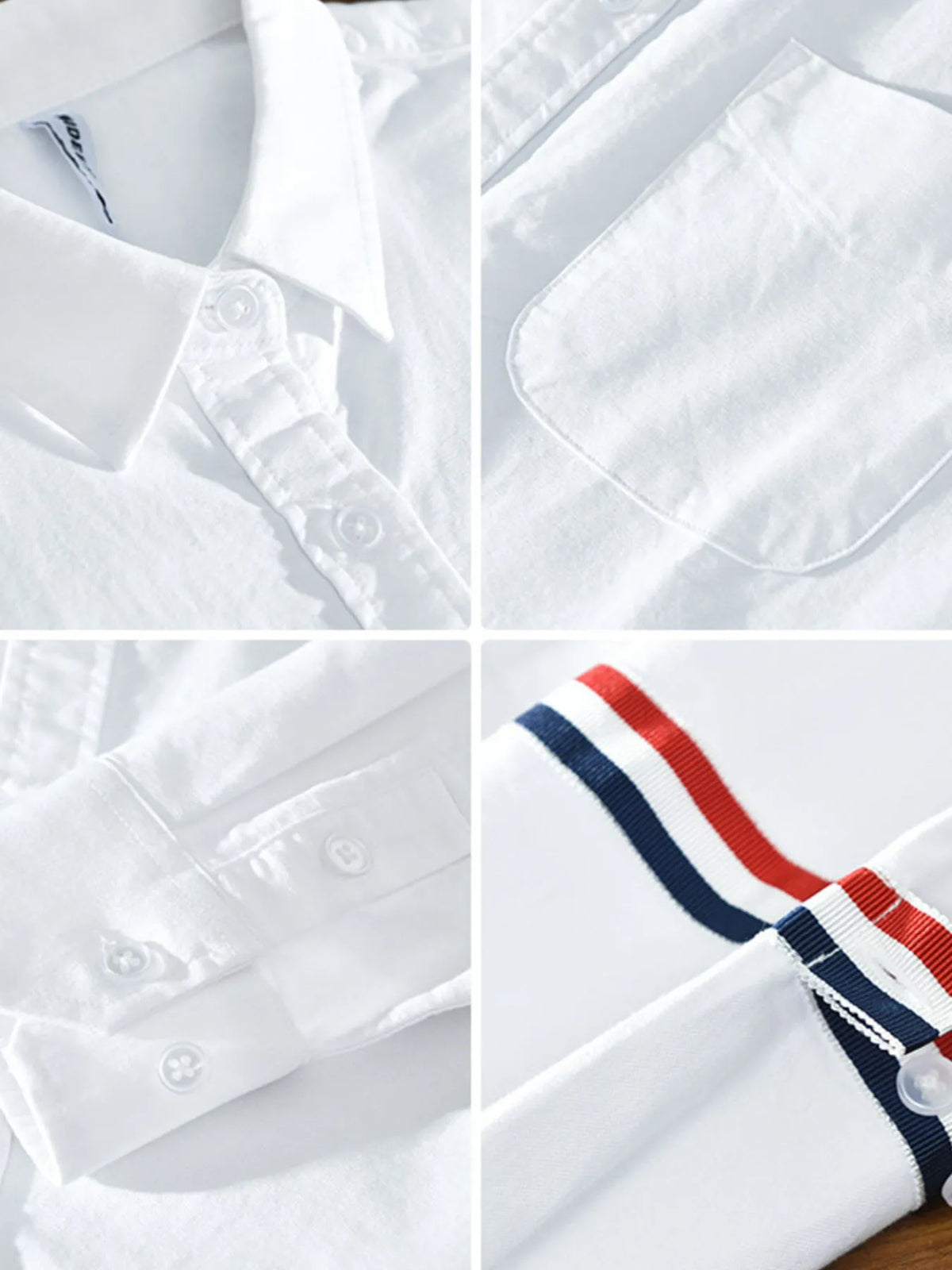 Men's white button-up shirt details: placket buttons and striped cuff trim