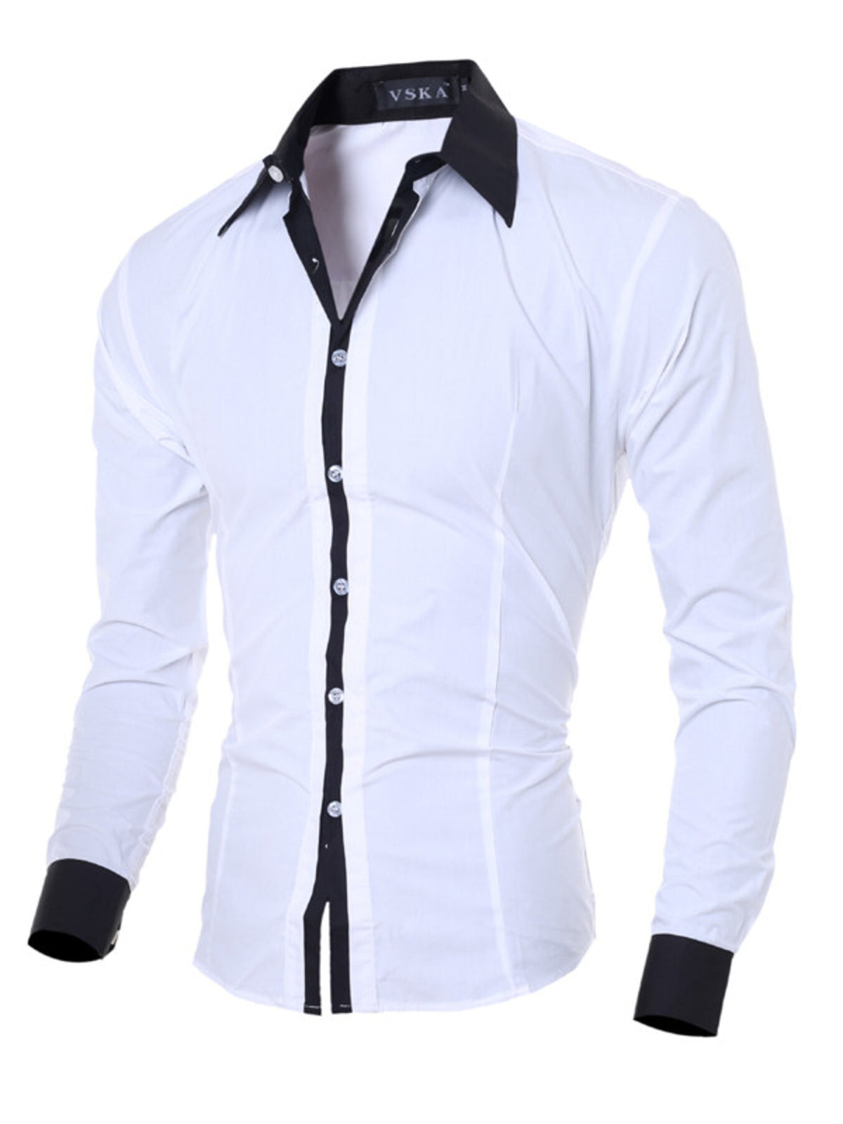 Men's slim fit long-sleeve shirt in white, black accents at collar and cuffs, button-front
