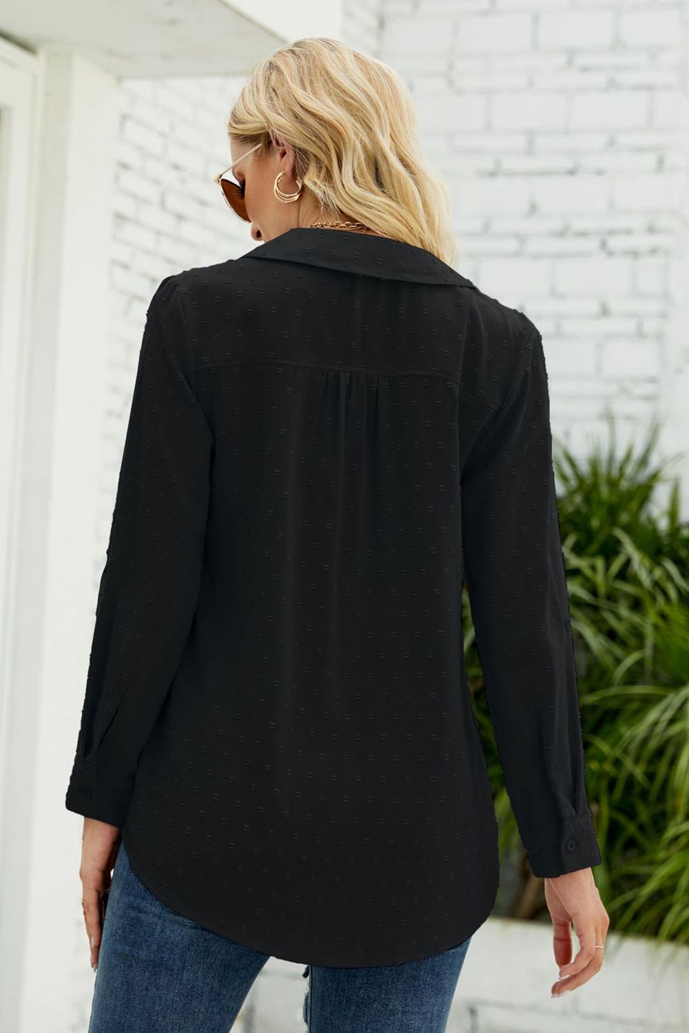 Swiss dot johnny collar blouse, black, back view with button placket