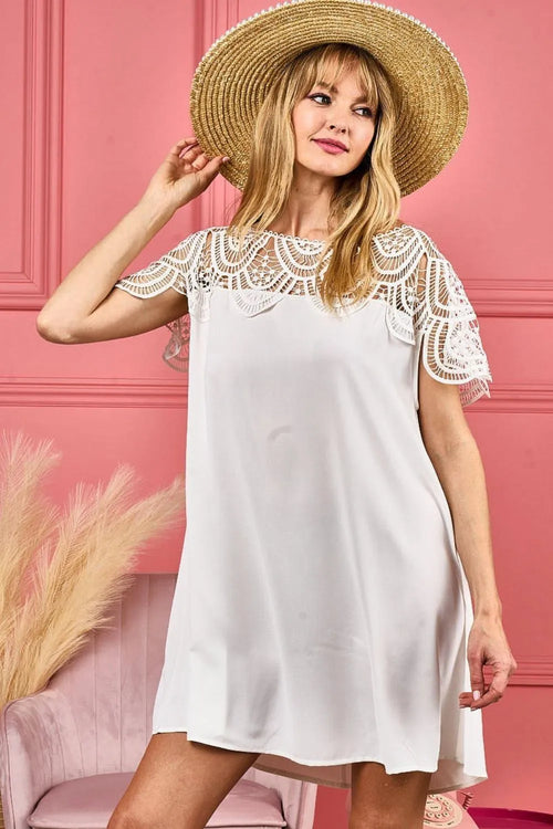 Ivory crochet lace yoke short-sleeve dress with wrinkled satin look, flared hem